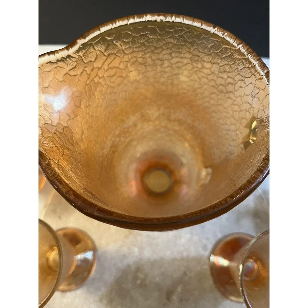 Beautiful Marigold 1930's Crackle Jeanette Glass Pitcher W/ 6 Footed Tumblers